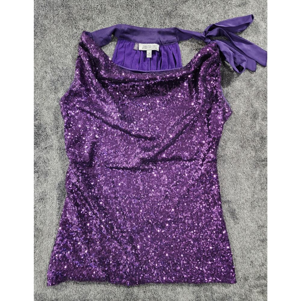 Purple Sequin Cowl Neck Side Tie Halter by JLO. Womens Medium
